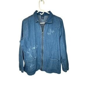 Vintage Basic Editions Denim Full Zip Shift Dress Embroidered Flowers Sz Large